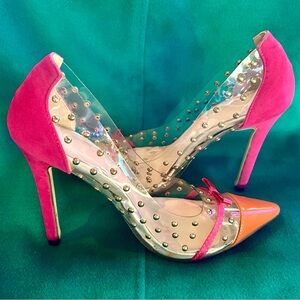 Pink, Orange Translucent Studded Pointed Cap Toe Pumps, EU Size 39